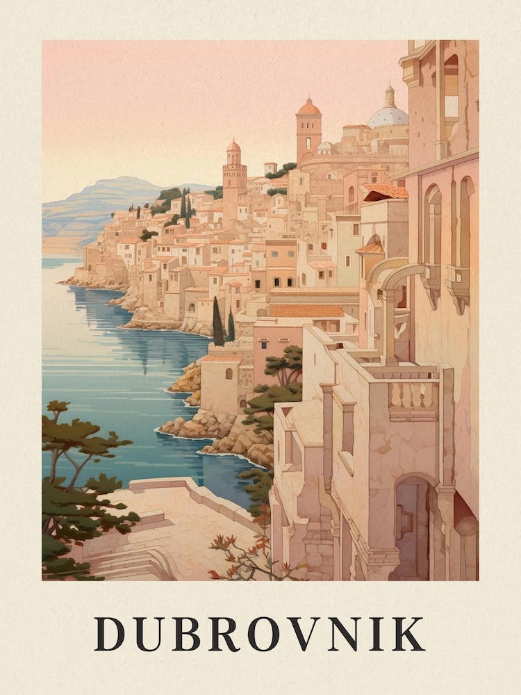 Dubrovnik Croatia 3 Vintage Pink Travel Illustration Poster