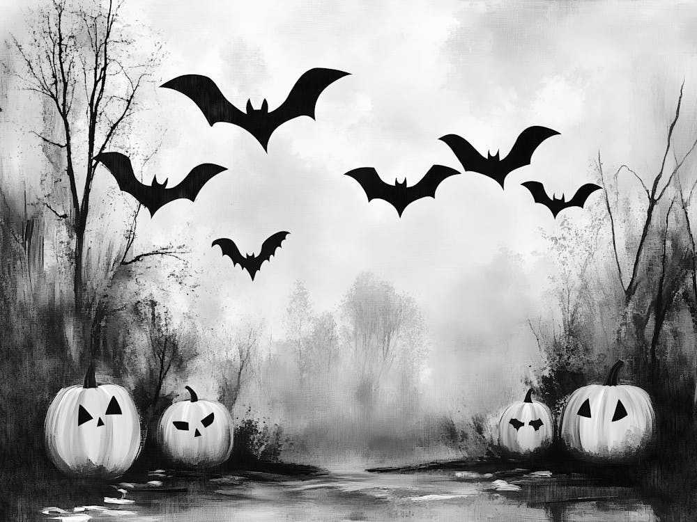 Bats Flying Over Pumpkins