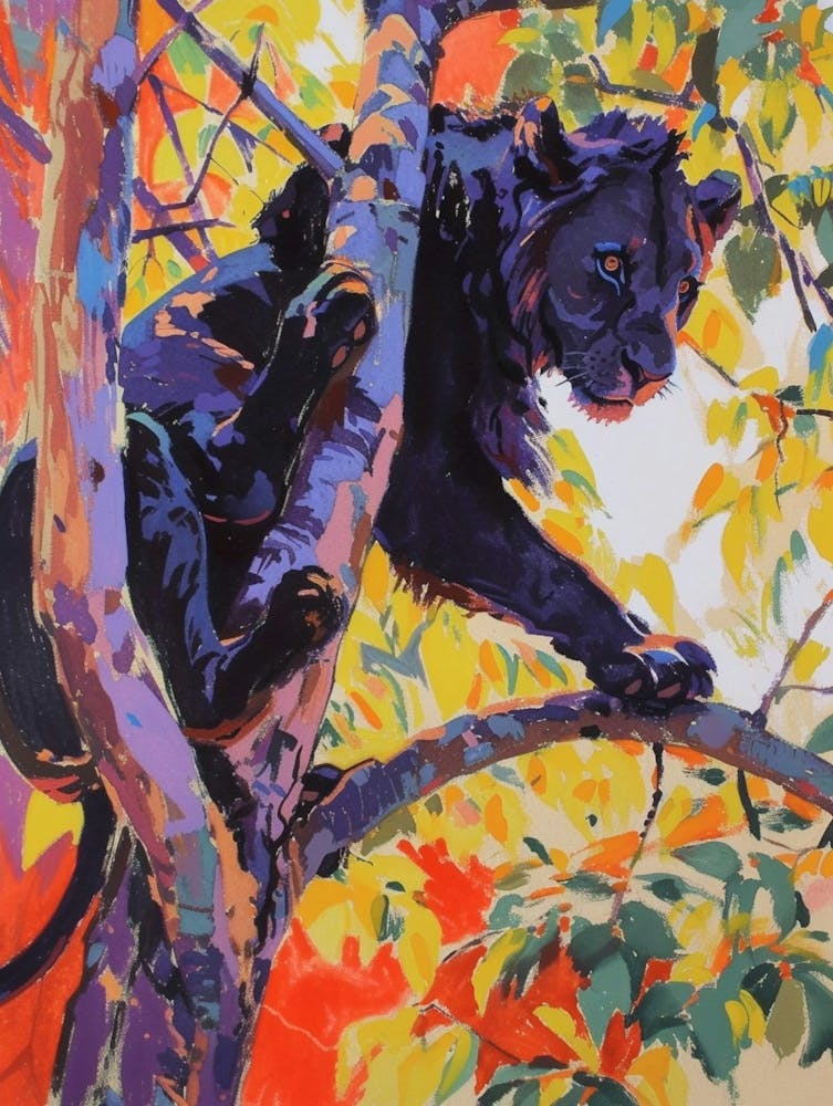 Black Lion Climbing A Tree Fauvist Painting 4
