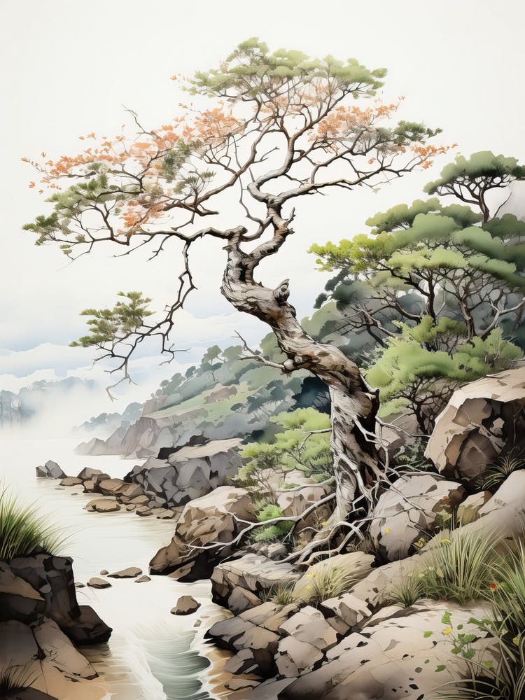 Rikugien Garden In Tokyo, Japanese Brush Painting, Ukiyo E, Minimal 3