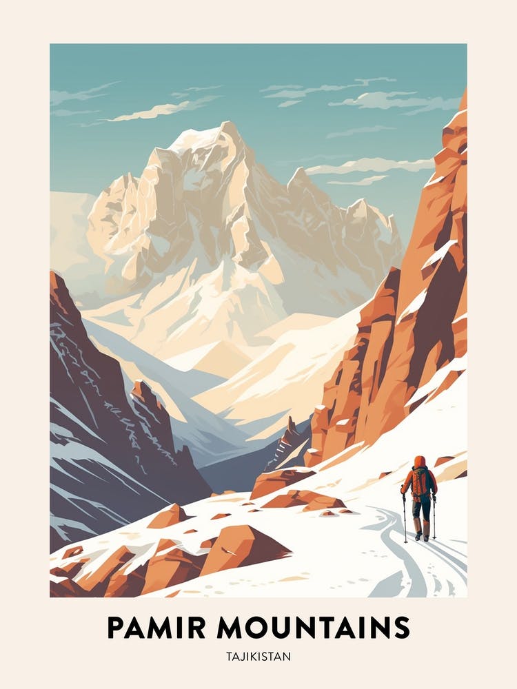 Vintage Winter Travel Poster Pamir Mountains Tajikistan 2