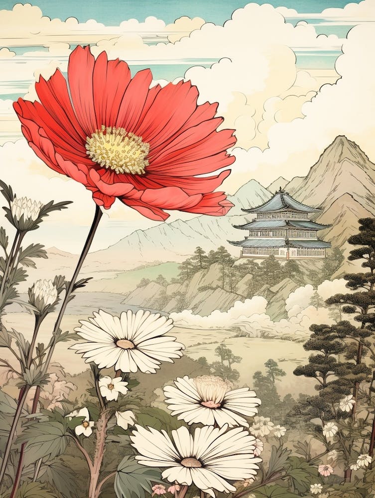 Hanagasa Japanese Florist Daisy 2 Japanese Botanical Illustration