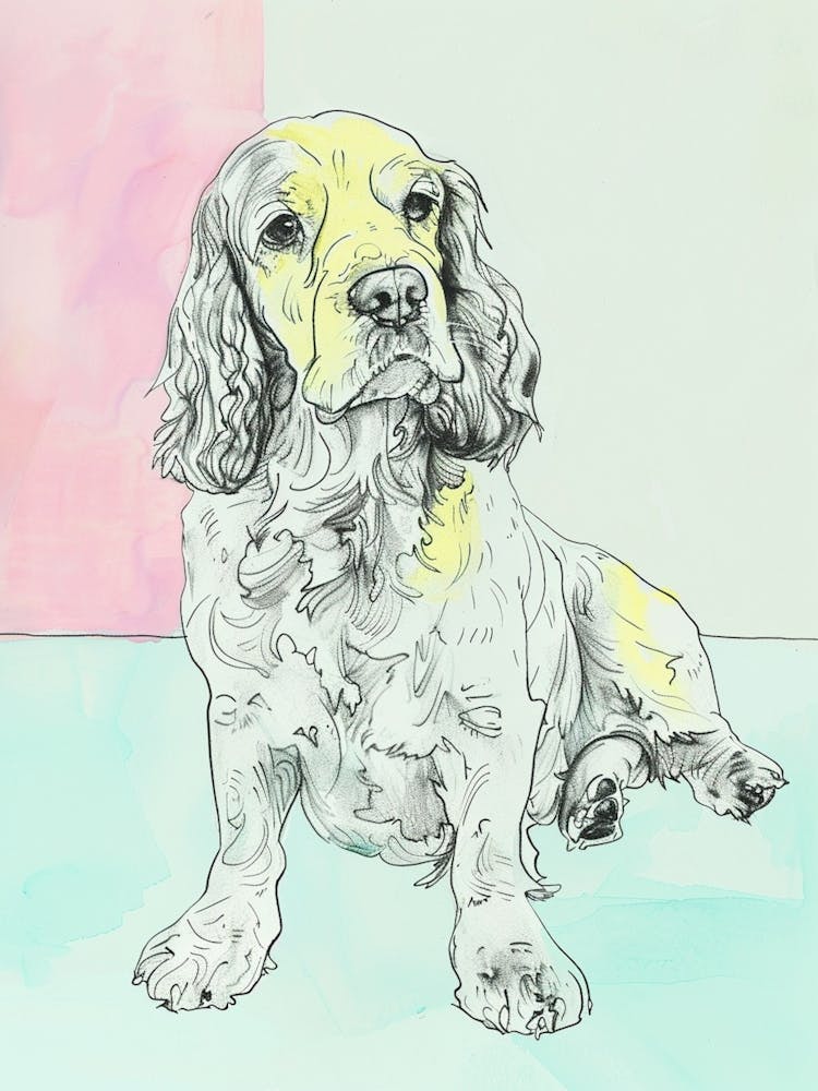Pastel Clumber Spaniel Dog Pastel Line Illustration  1