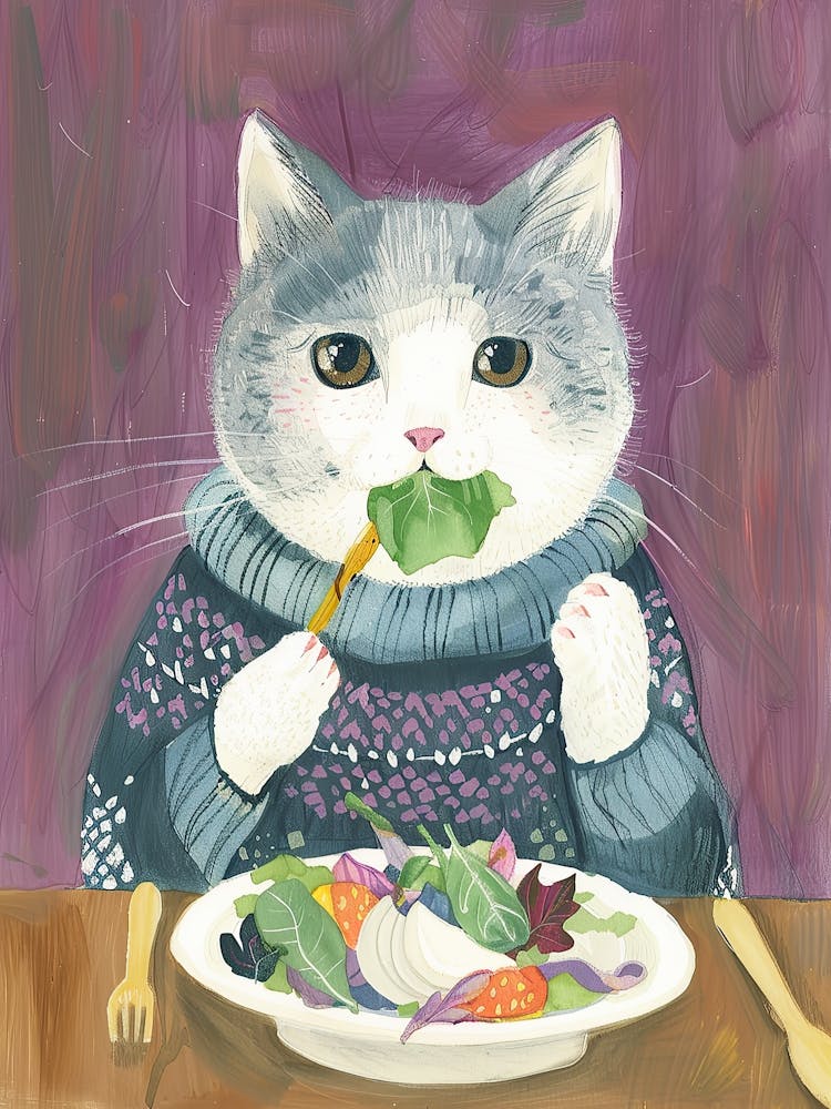 Grey Cat Eating Salad Folk Illustration 3
