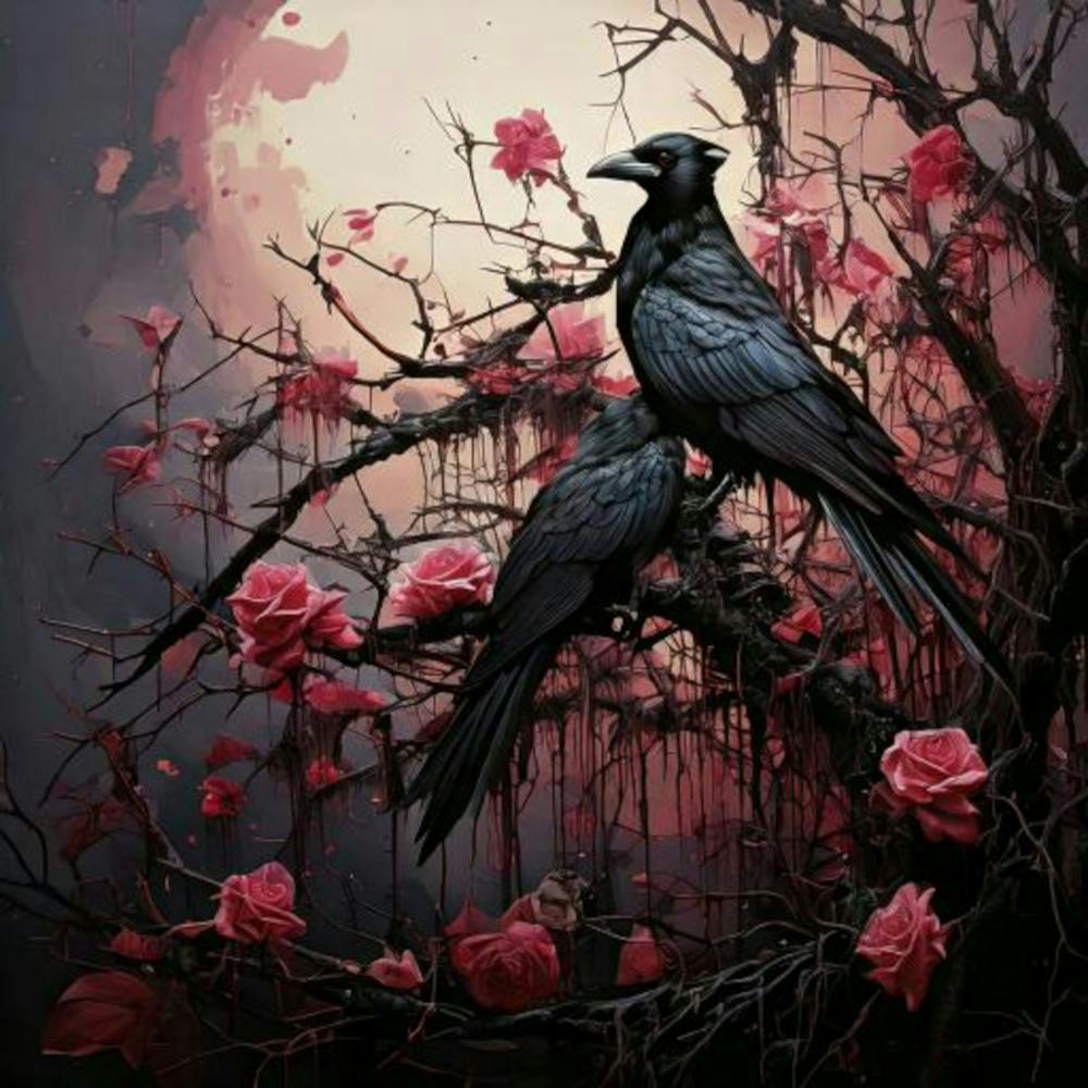 Firefly Dark, Atmospheric, Black Crows, Thorny Branches, Barren, Pink Roses, Striking Contrast, Goth (3)
