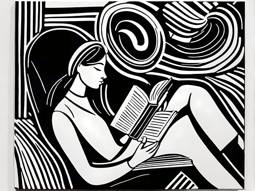 Just a girl who loves to read, Lion cut inspired Black and white Stylized portrait of a Woman reading a book, reading art, book worm, Reading girl, 193