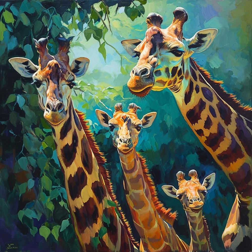 Herd Of Giraffe Portrait Brushstroke 1