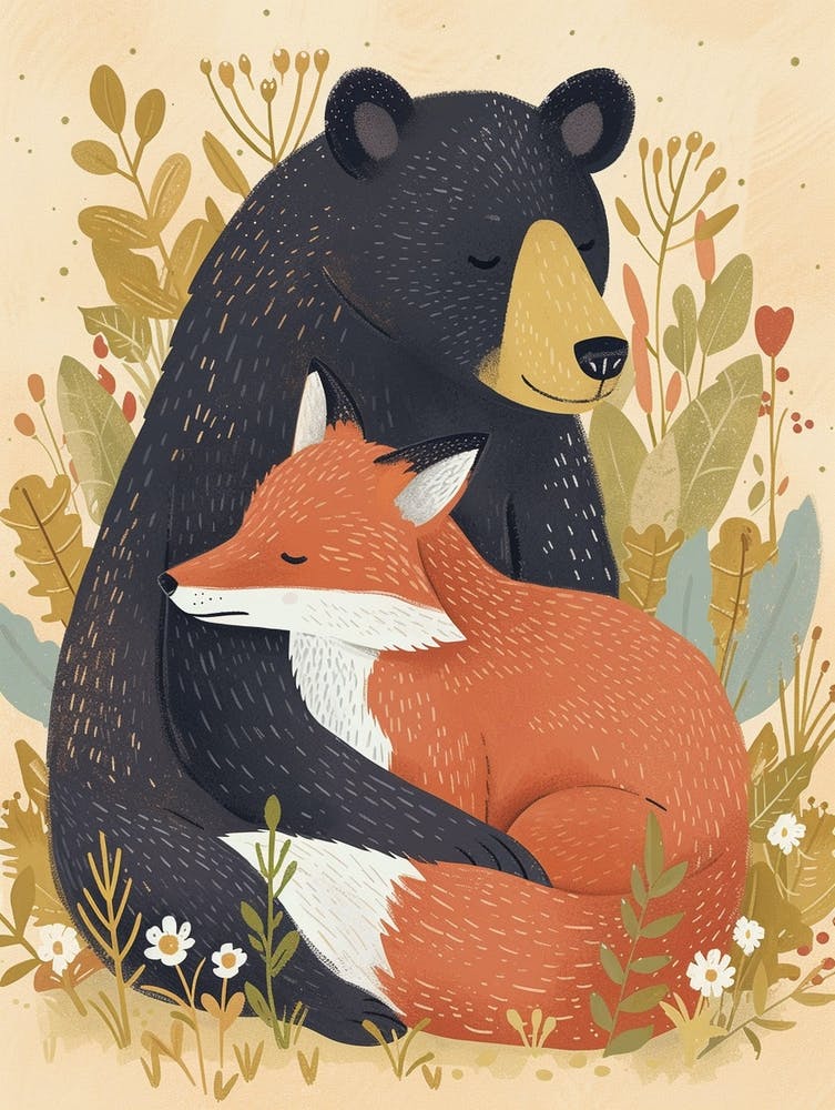 American Black Bear And A Fox Storybook Illustration 2