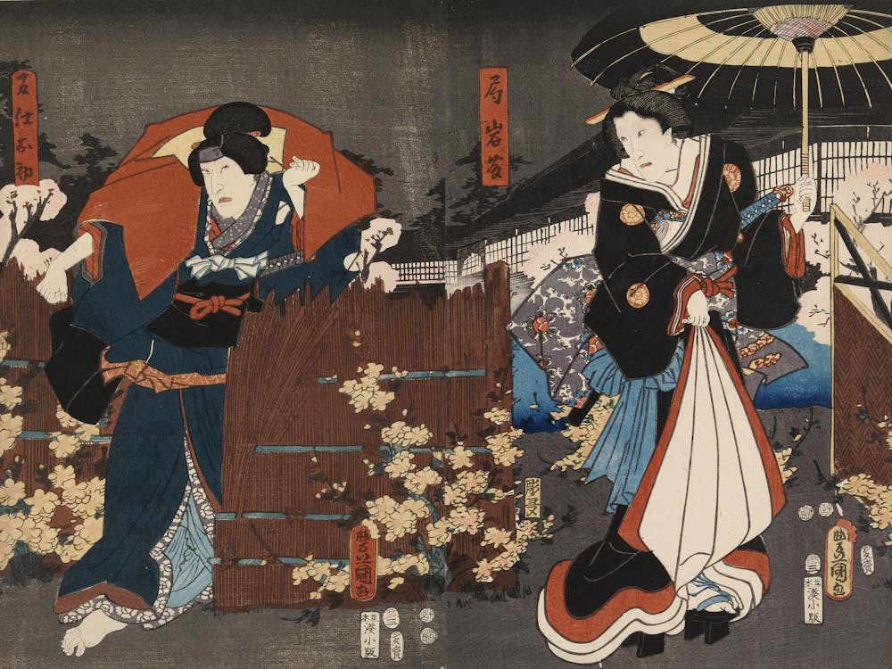 Näyttelijät Ichikawa Danjuro Viii Ja Ichikawa Kodanji Iv Näytelmässä Kagamiyama Kokyo No Nishikie (Vanha1
