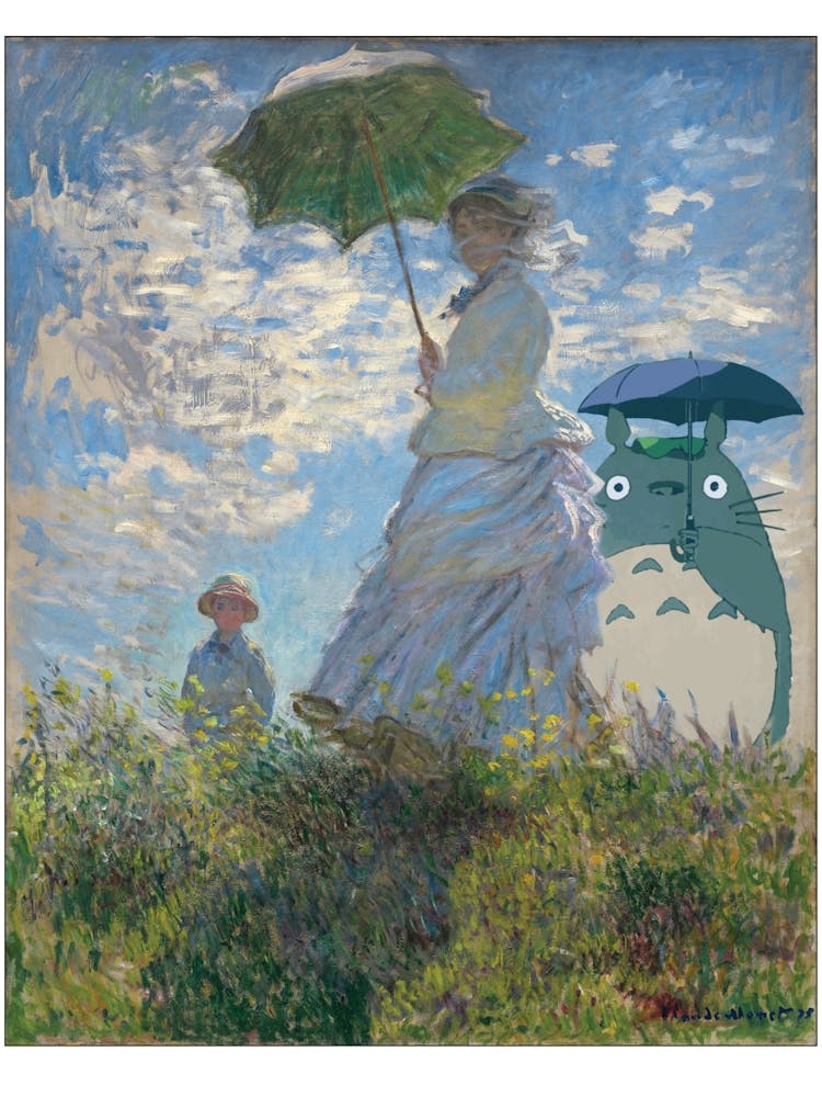 Totoro & Madame Monet - Japanese Print - Studio Ghibli Mashup