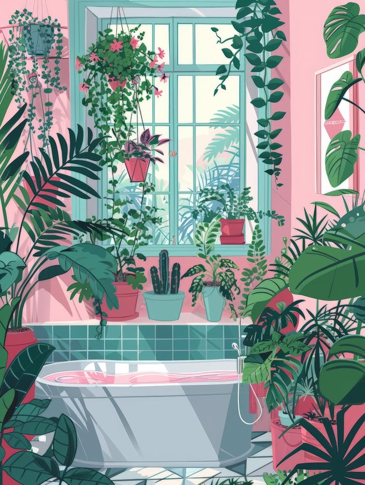 Pink Bathroom With Plants 1
