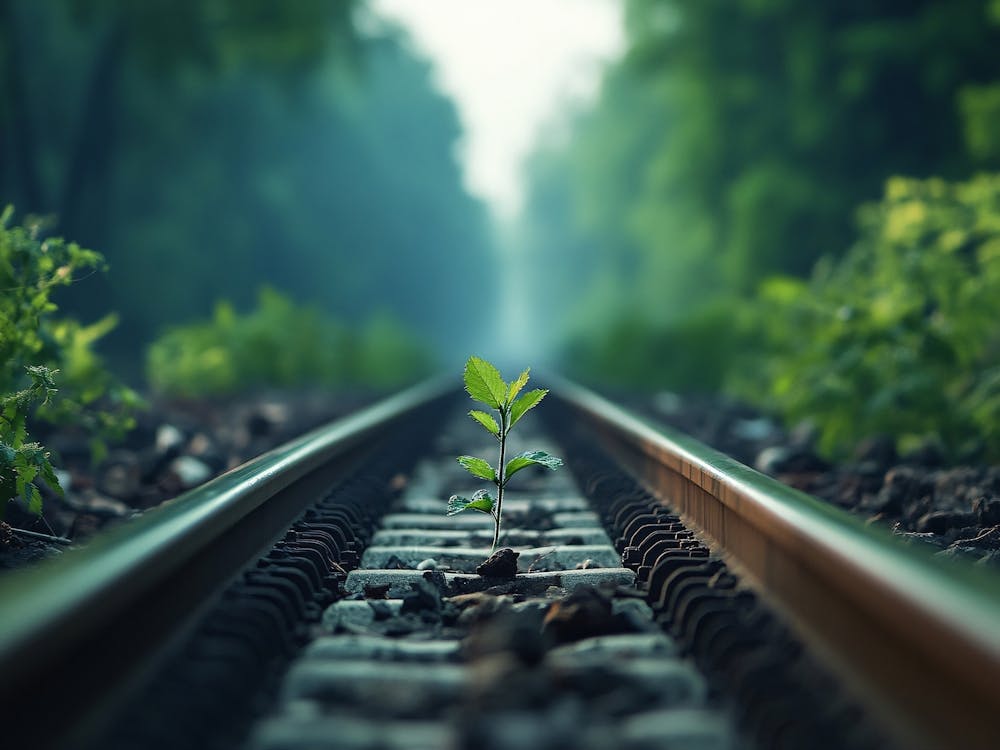 Tree Sprout Growing On Railroad Tracks