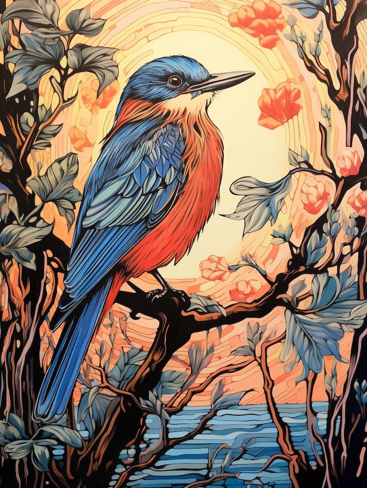 Birds And Branches Linocut Style 2