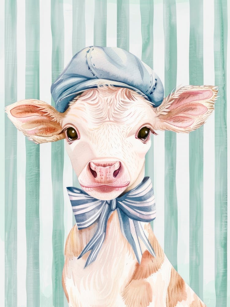Cow In A Hat and Tie Bow. Whimsical Vintage Illustration, Kids Room