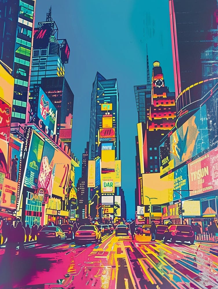Times Square New York Colourful Silkscreen Illustration 1