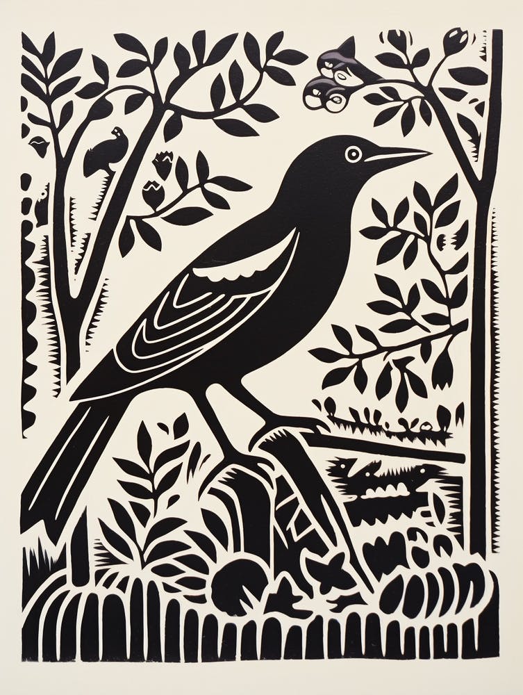 B&W Bird Linocut Magpie 2