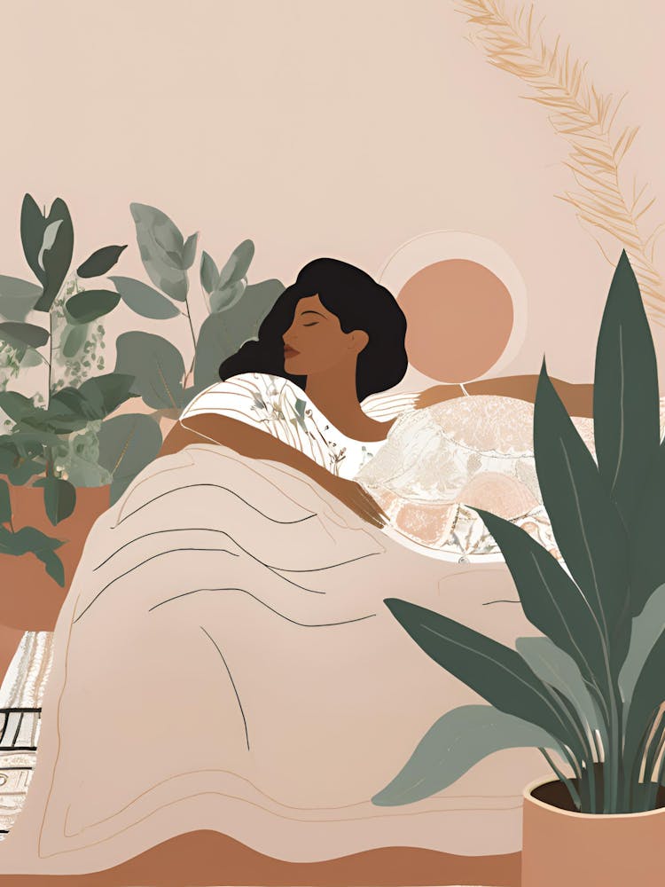Woman Sleeping In Bed With Plants