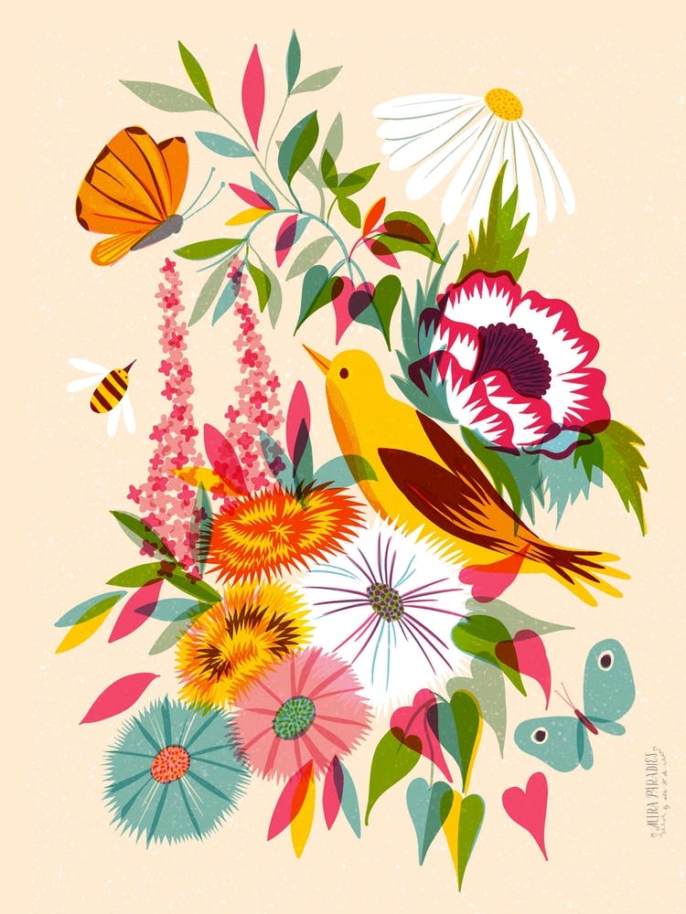 Screen Print Florals With Pirol And Butterflies