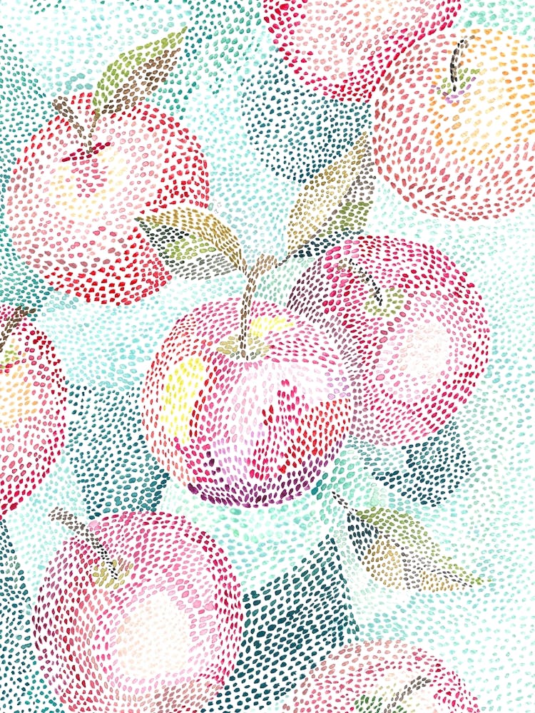 Pointillistische Früchte Äpfel und Blätter