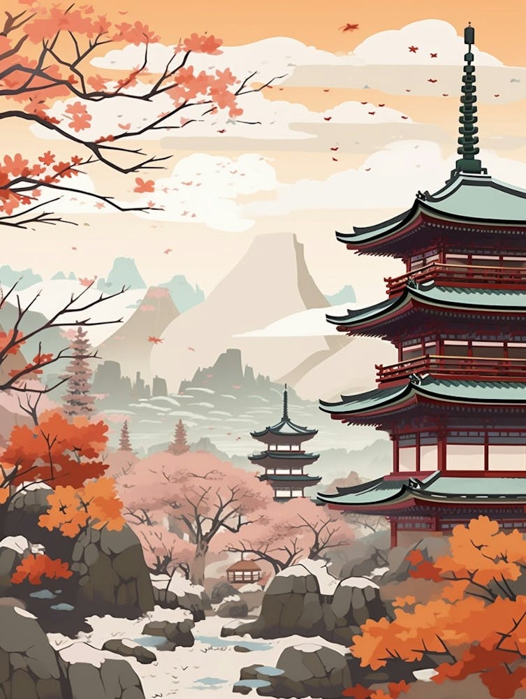 Vintage Winter Travel Illustration Kyoto Japan 2