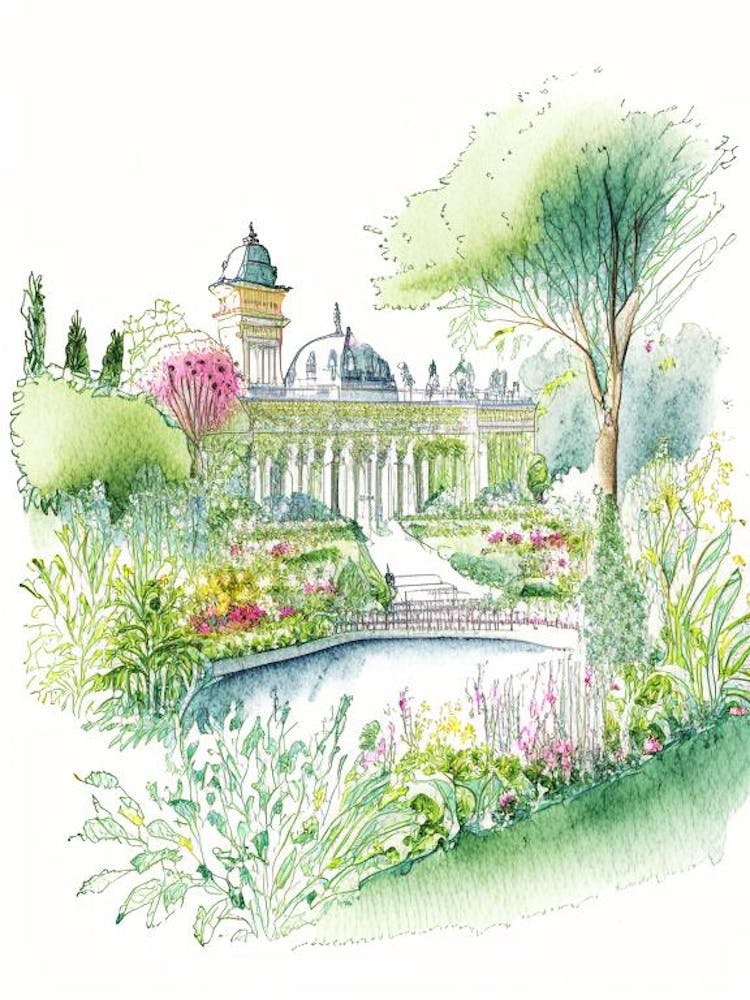 Mirabell Palace Gardens, Austria Vintage Pencil Drawing