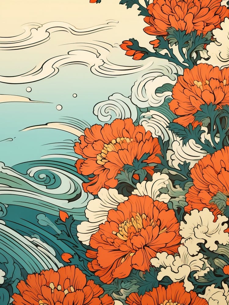 Great Wave mit Ringelblumen-Zeichnung im Stil von Ukiyo-e 1