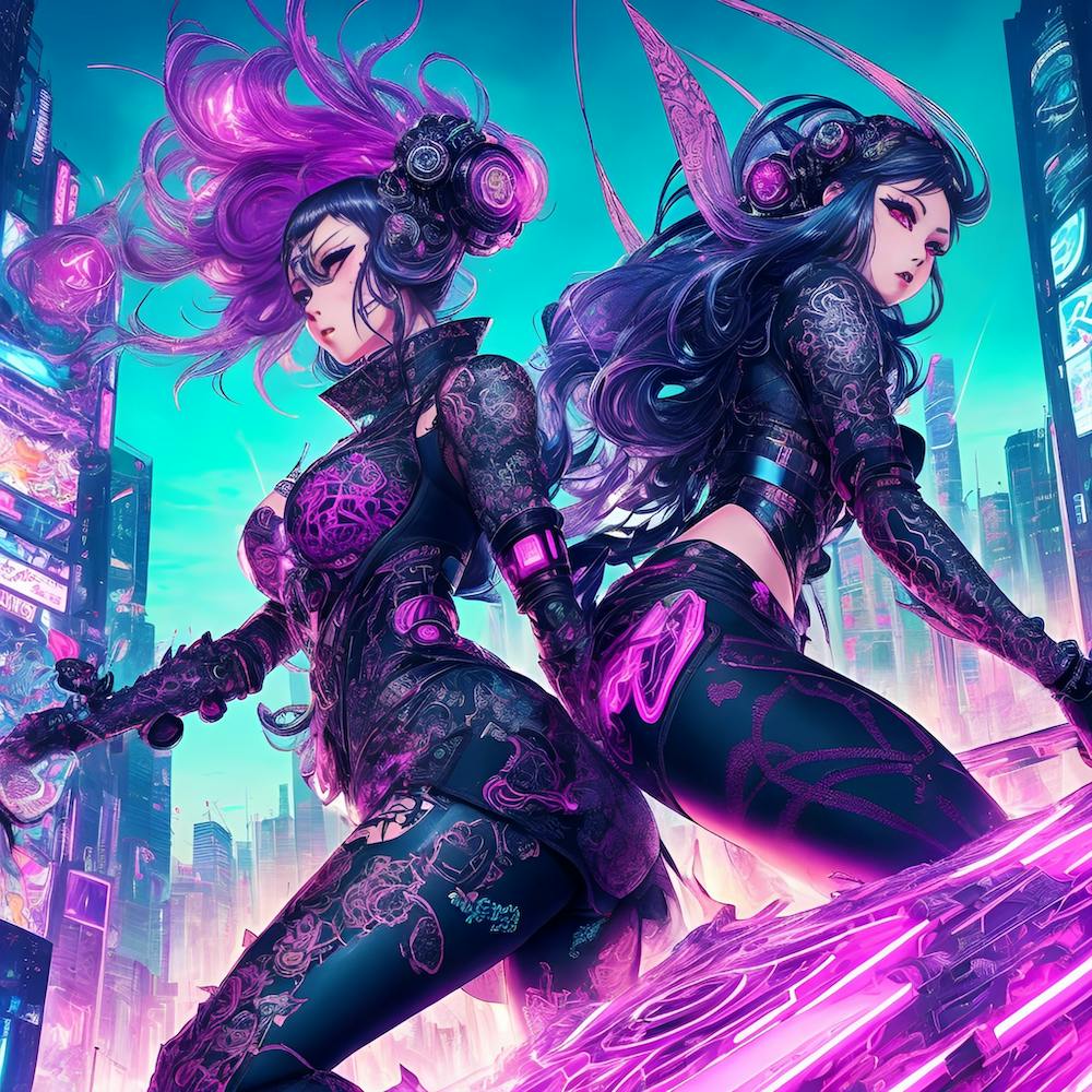 Zwei Frauen in einer futuristischen Stadt
