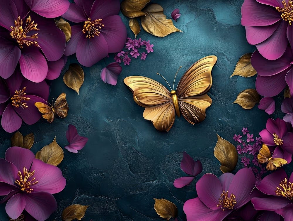 Purple Flowers with Golden Butterfly