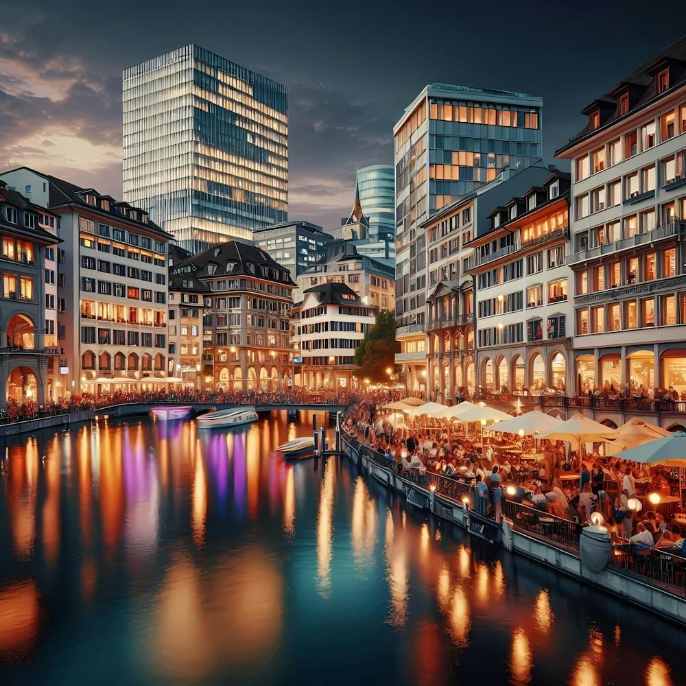 Switzerland With Zurich Street And Limnat River At Night, Painting