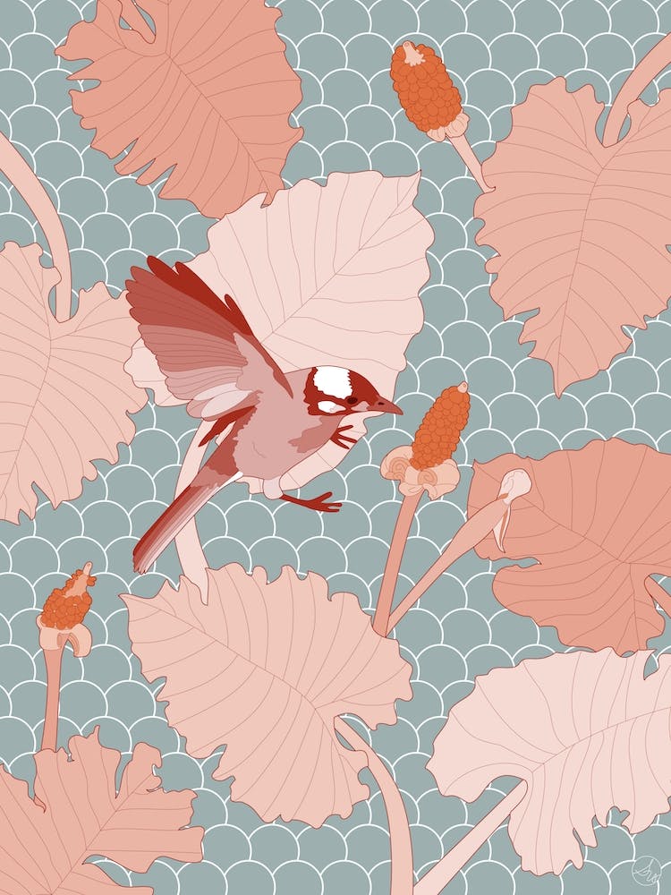 Maroon Bird On Fish Scale