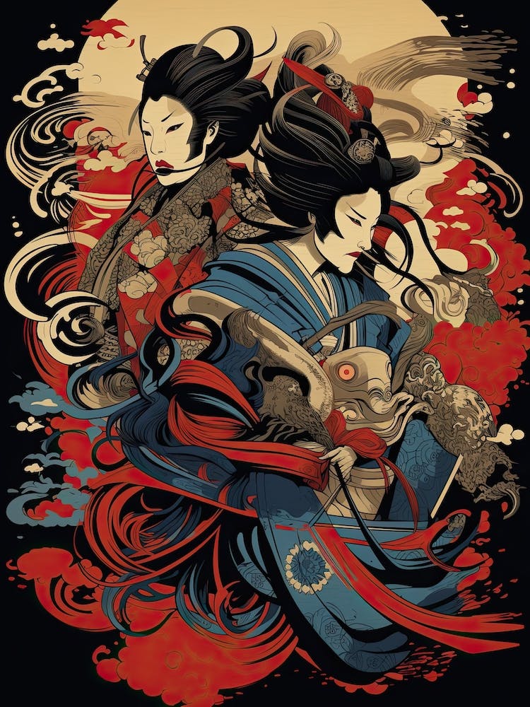 Samurai Noh And Kabuki Theater Style Illustration 1