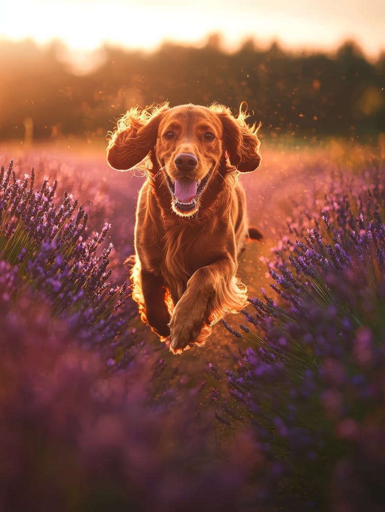 Dog Running Through Lavender Field. Generated AI.