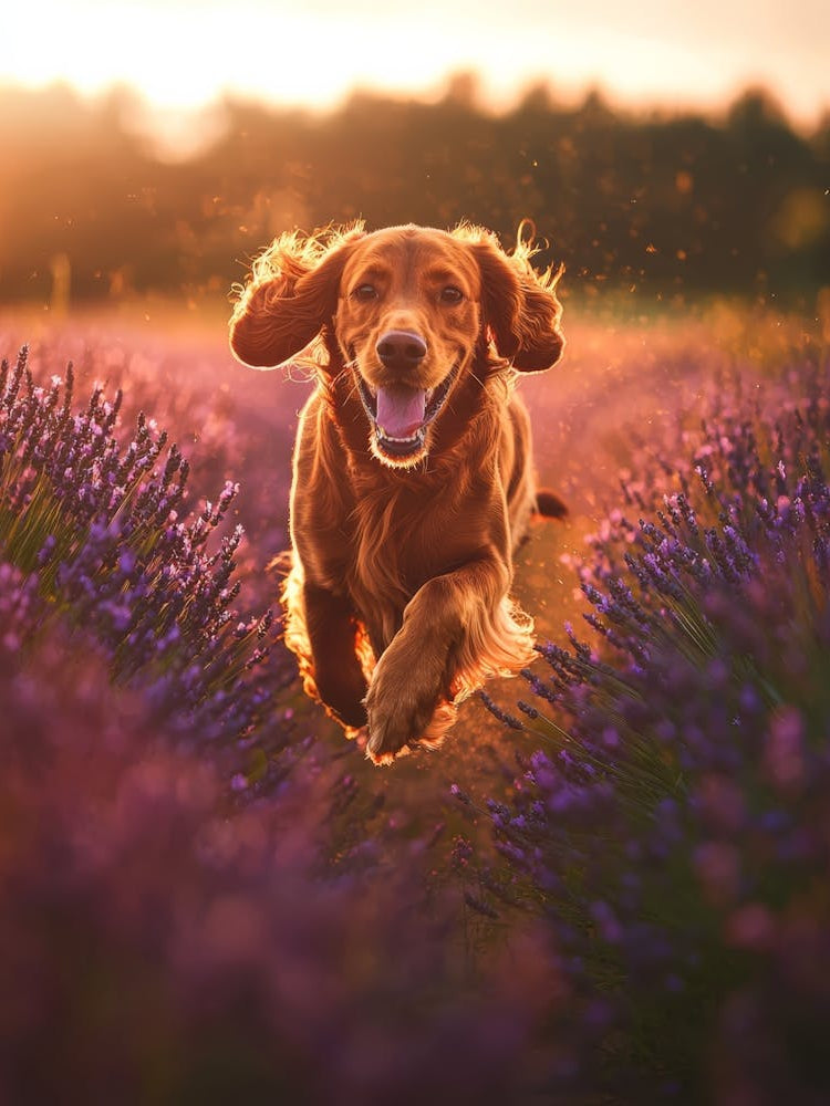 Dog Running Through Lavender Field. Generated AI.
