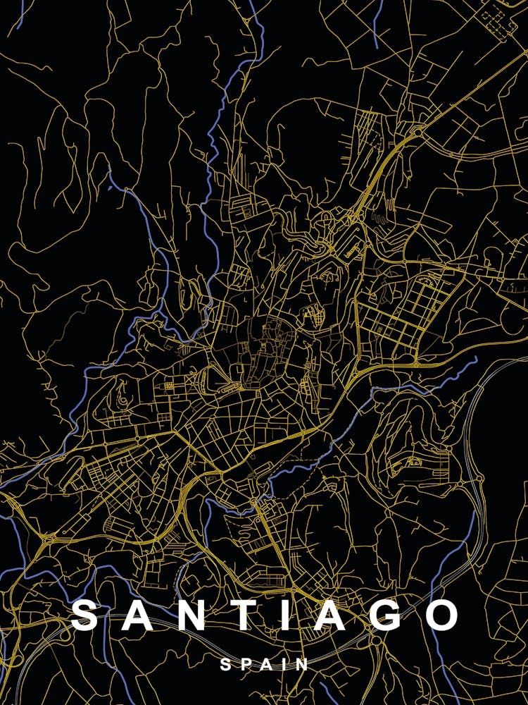 Santiago Spain City Map Black and Gold