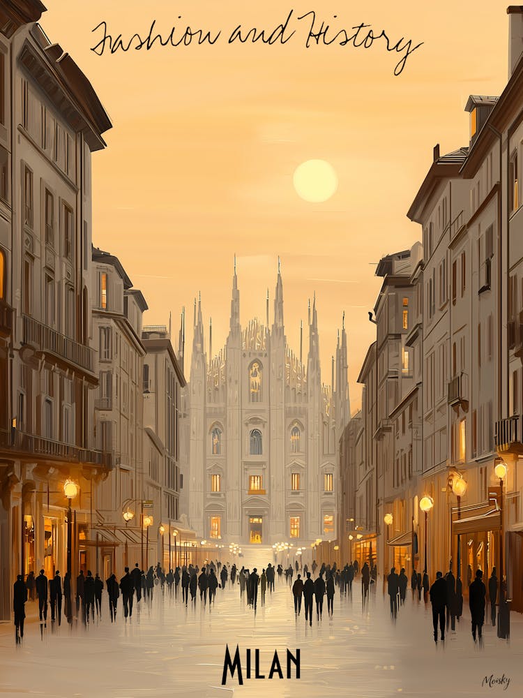 Fashion And History Milan, minimalist soft tones palette, watercolor poster