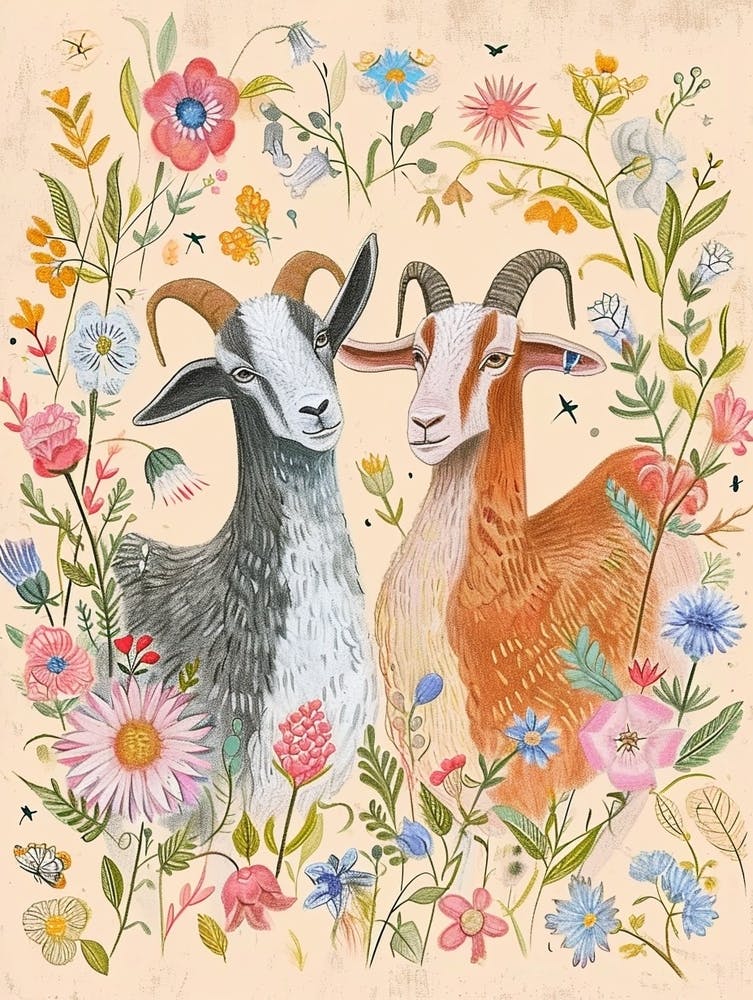 Folksy Floral Animal Drawing Goat