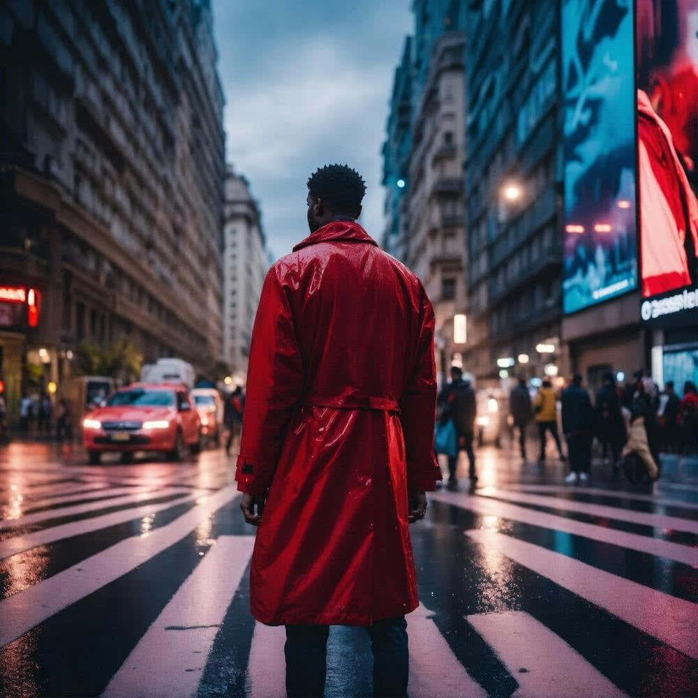 Man In Red Coat On The Street