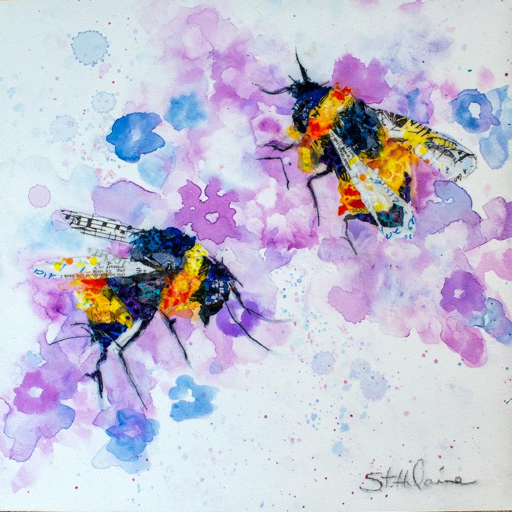 Watercolor Colorful Bees And Flower Square