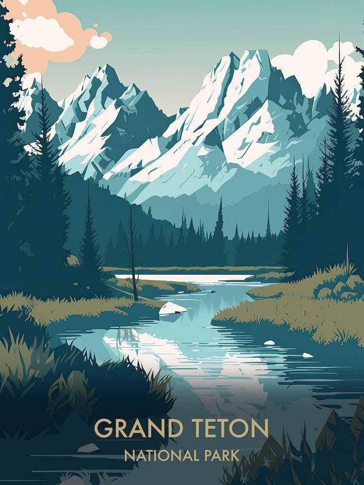Grand Teton National Park Travel Poster Mid Century Style 1