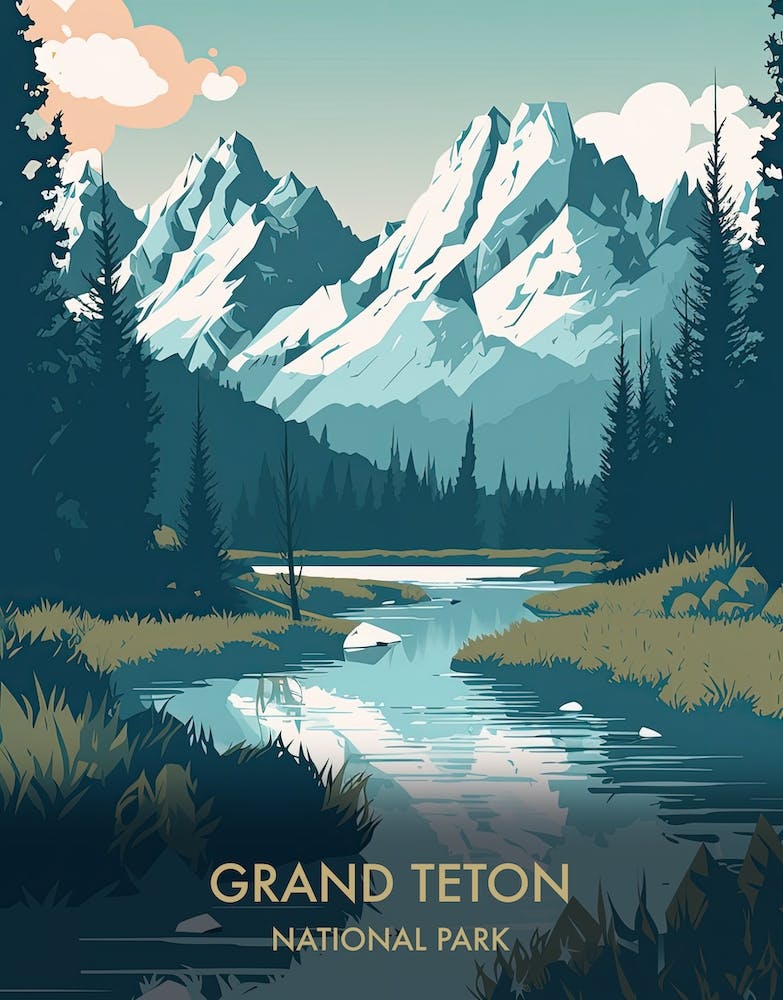 Grand Teton National Park Travel Poster Mid Century Style 1