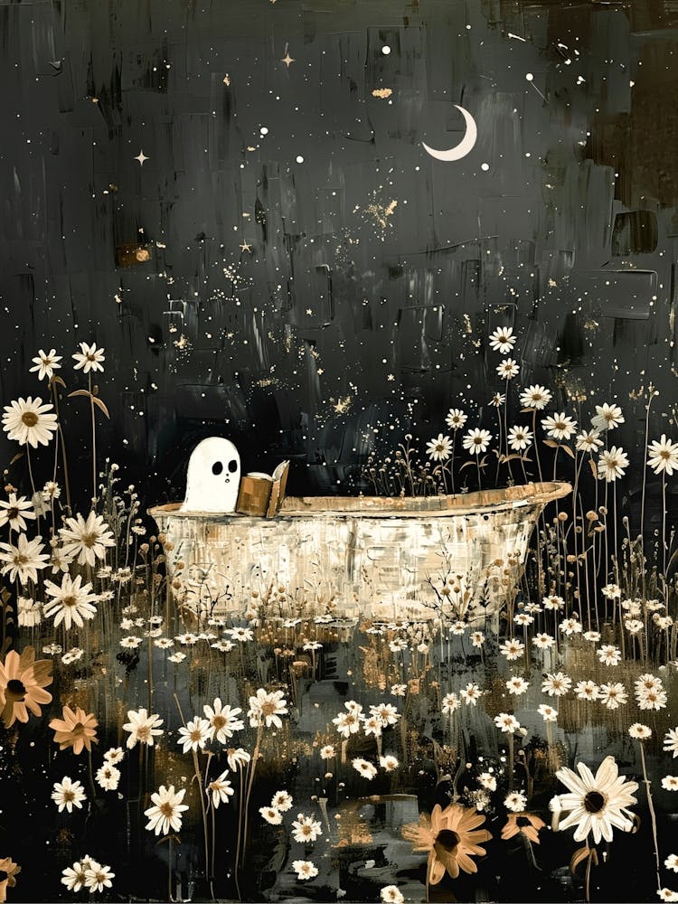 Bathroom Art Spooky Cute Ghost Reading in the Bath Under the Moon and Stars Moody Botanical Painting in HD