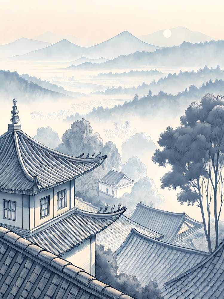 Minimalist Ink Sketch Of Morning Mist Between Tr