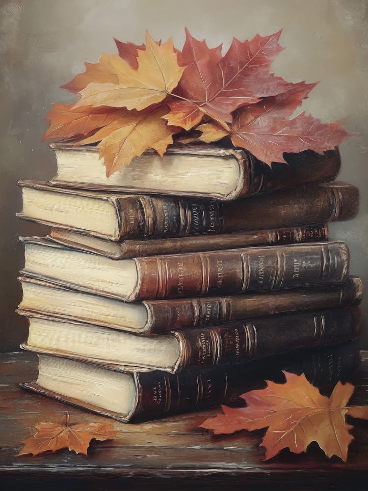 Feuilles d'Automne Sur Pile de Livres