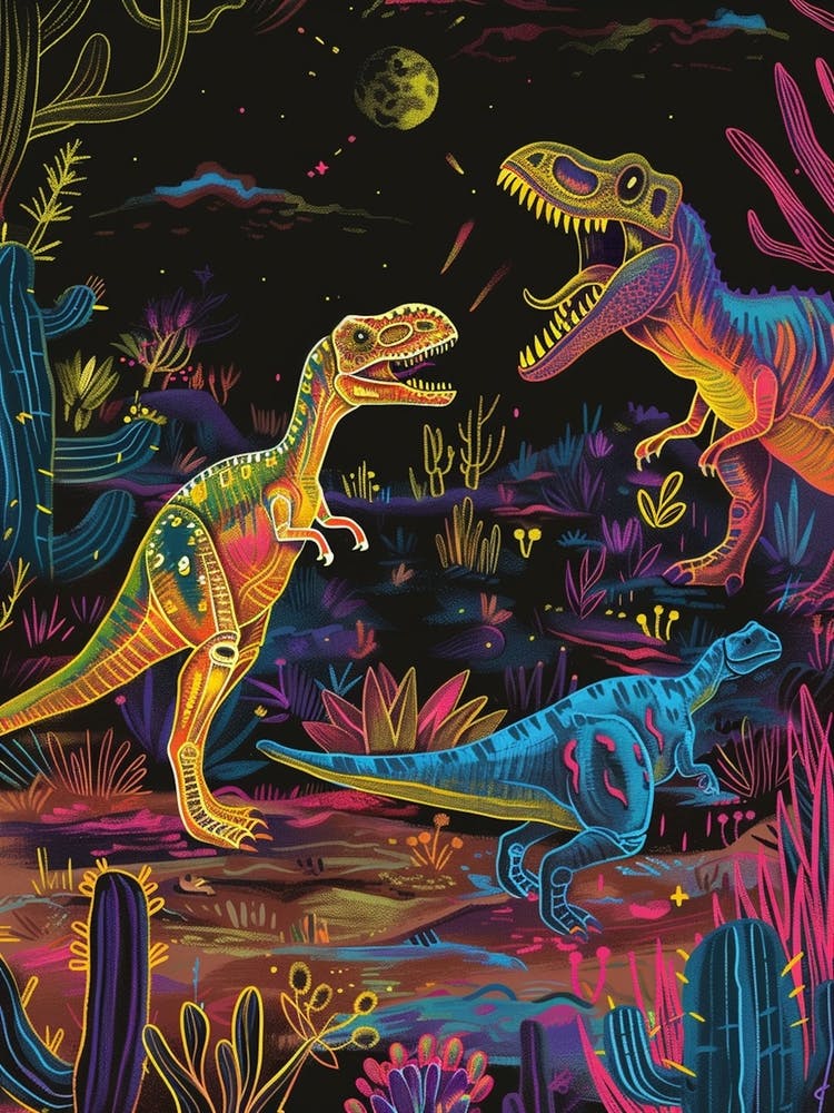 Neon Dinosaurs In The Desert