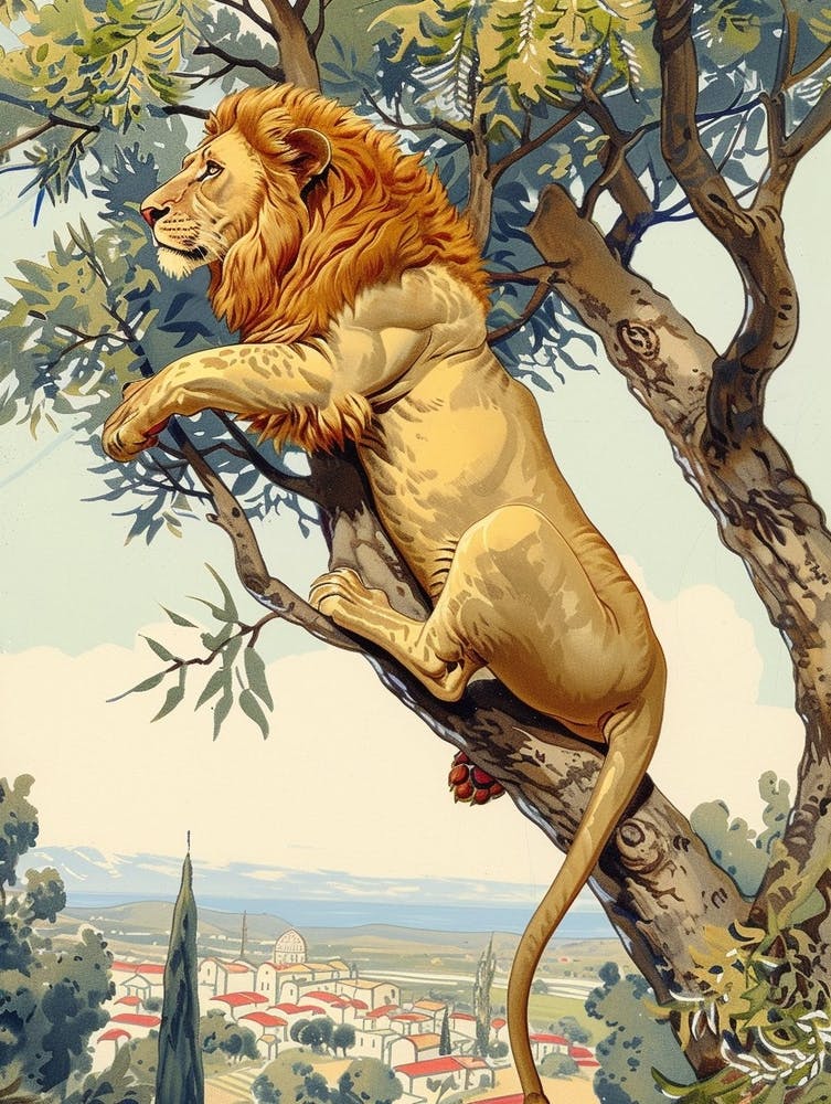 Barbary Lion Climbing A Tree Illustration 1