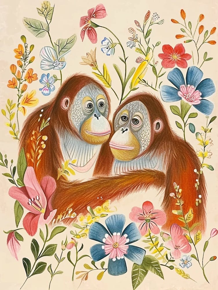 Folksy Floral Animal Drawing Orangutan