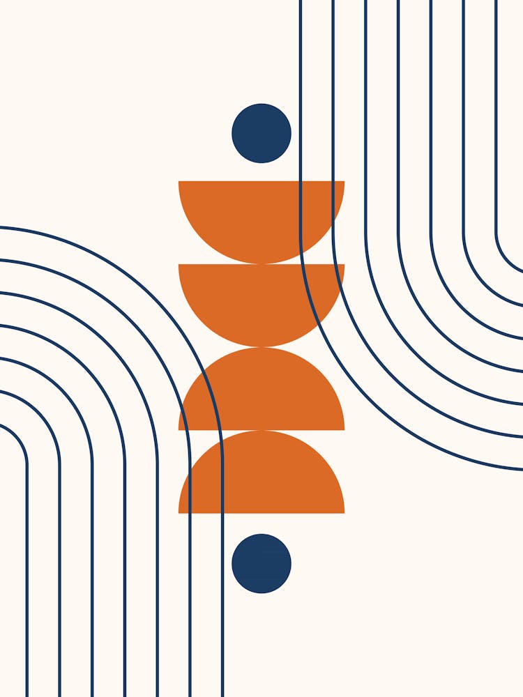 Modern Mid Century Sun, Moon Phases and Rainbow Abstract 37 in Navy Blue and Burnt Orange