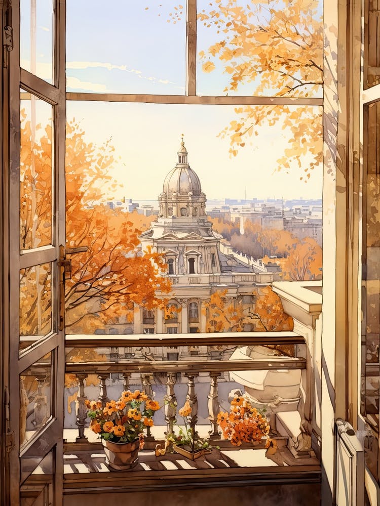Window View Of Belgrade Serbia In Autumn Fall, Watercolour 2