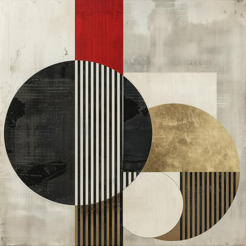 Geometric Balance: Abstract Shapes in White, Black, Red and Gold on Ivory Background