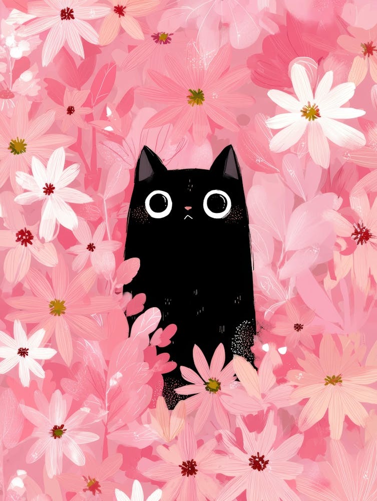 Black Cat In Pink Flowers 3